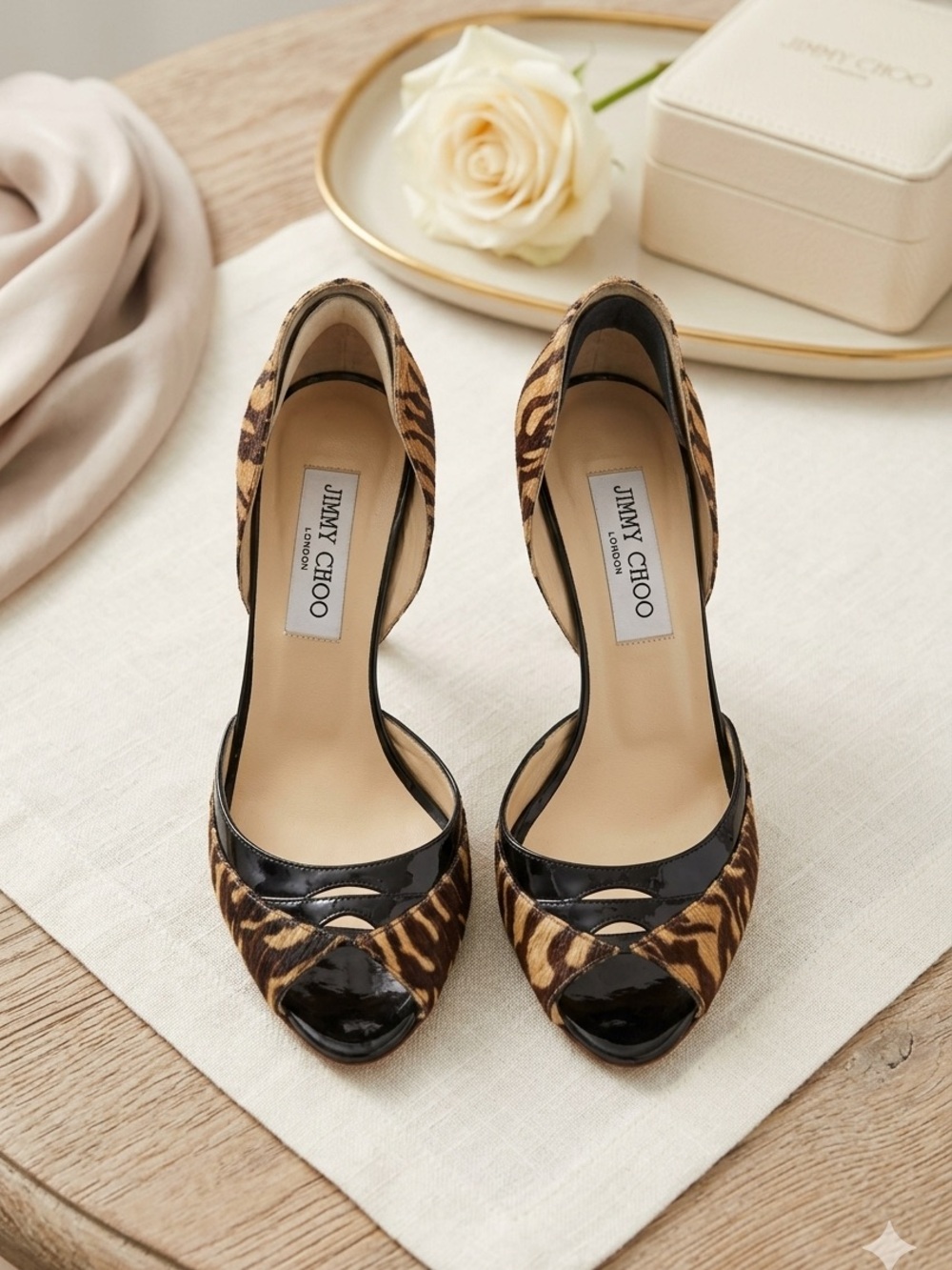Jimmy Choo D'Orsay Animal Print Snake Stripe Peep Toe Heels 37.5 US 7.5 Worn 2x - Picture 3 of 13